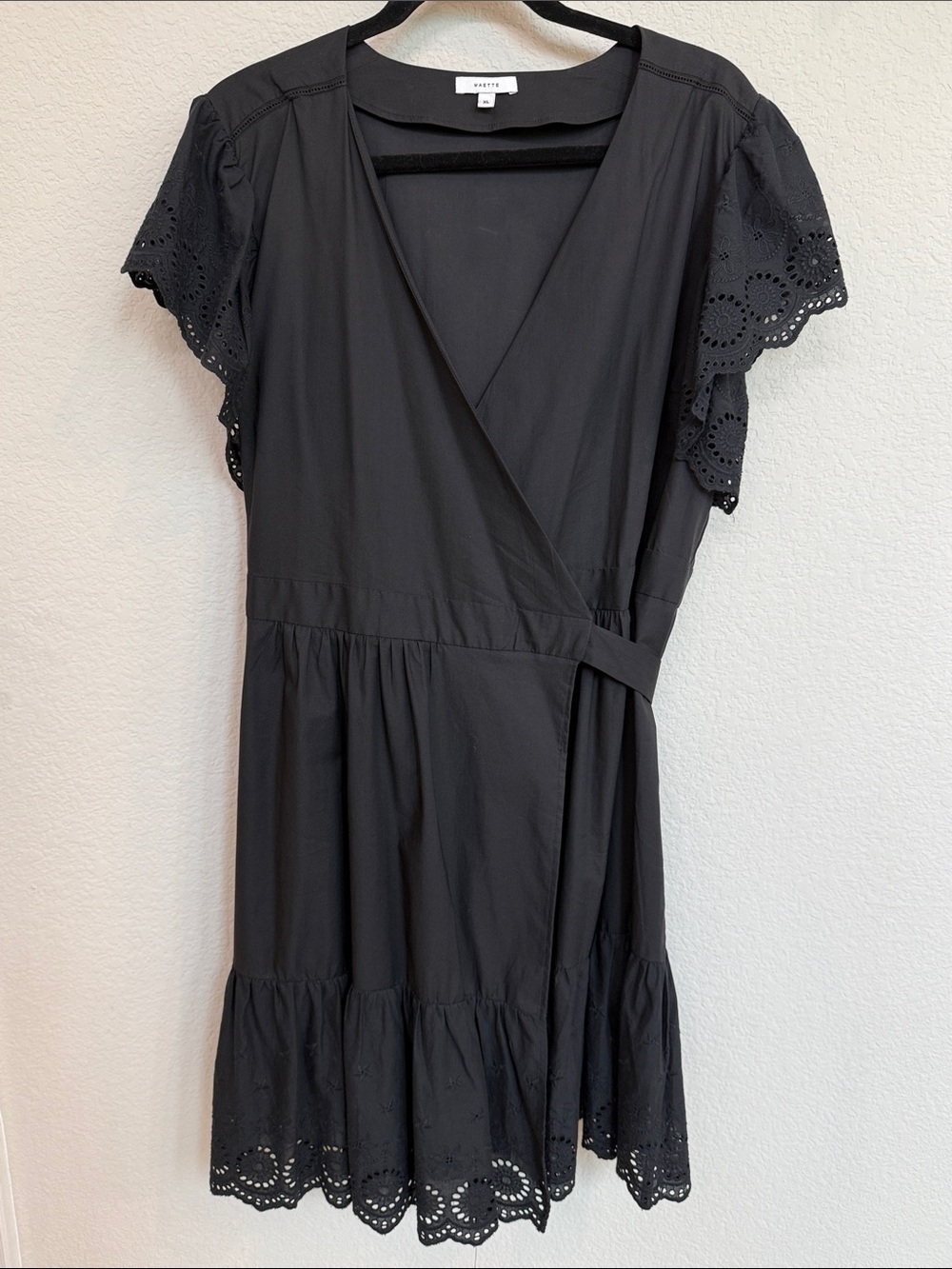 ASTR The Label Black Eyelet-Trim Wrap Midi Dress